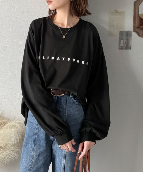tシャツ 大人の上品カジュアルを楽しむ。ゆったりシルエット 綿100％シルケット風シンプル英字ロゴTシャツ（長袖） レディース | classicalelf | 19