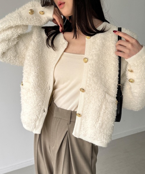 JUNOAH（ジュノア） ジャケット ノーカラージャケット パイル編み金釦