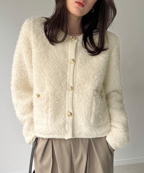 JUNOAH（ジュノア） ジャケット ノーカラージャケット パイル編み金釦