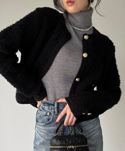 JUNOAH（ジュノア） ジャケット ノーカラージャケット パイル編み金釦