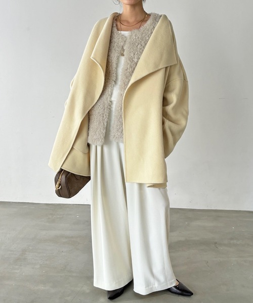 【美品】24AW DouDou ハンドメイドミドル丈コート オフホワイト DouDou（ドゥドゥ） コート アウター ハンドメイドミドル丈コート