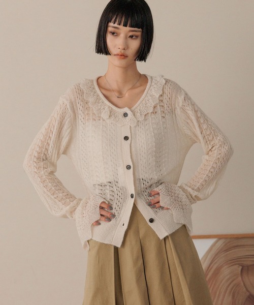 即日発送　新品　LOWRYS FARM チビフリルカーディガンＬＳ　アイボリー 🏷️#チビフリルカーディガンls_lf ふわふわした素材のニットで着心地