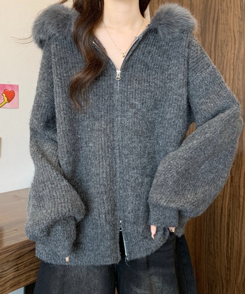 Sibra（シブラ） カーディガン ファー取り外し可 フード付き リボン