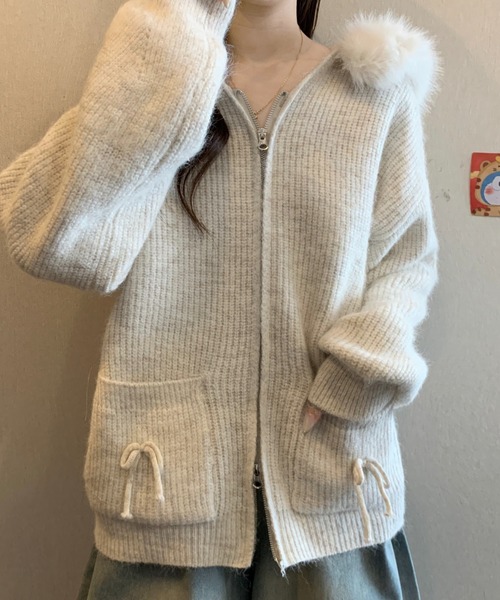 Sibra（シブラ） カーディガン ファー取り外し可 フード付き リボン