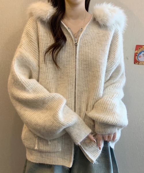 Sibra（シブラ） カーディガン ファー取り外し可 フード付き リボン