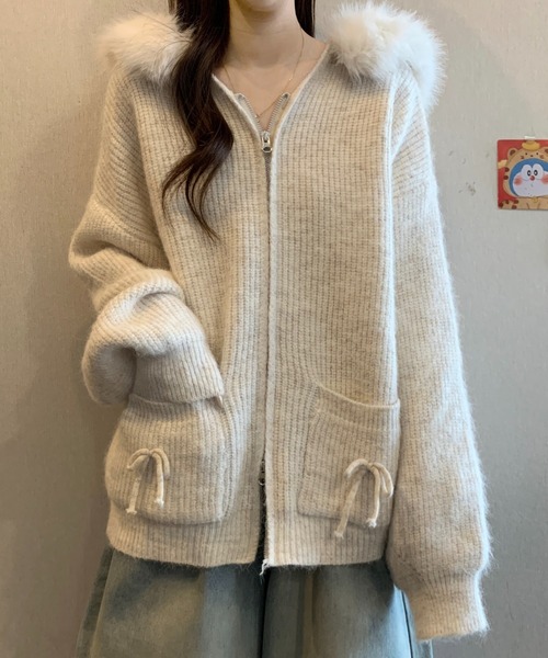Sibra（シブラ） カーディガン ファー取り外し可 フード付き リボン