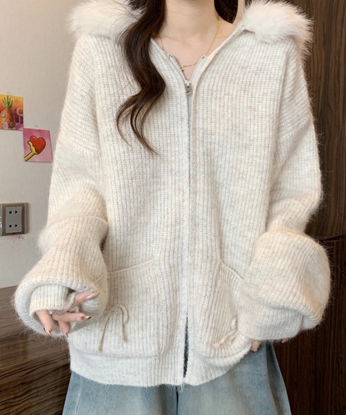 Sibra（シブラ） カーディガン ファー取り外し可 フード付き リボン