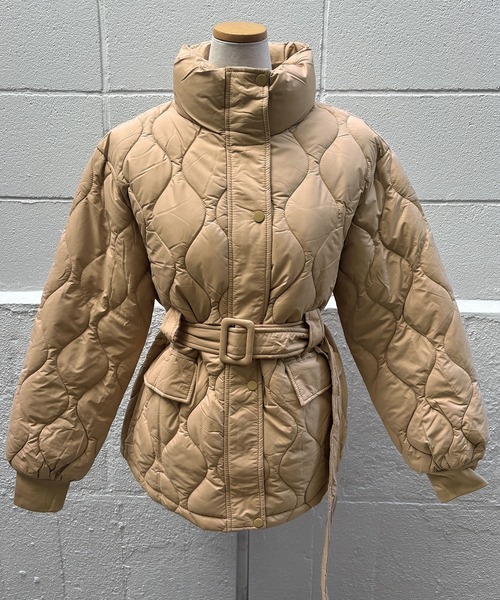 ブルゾン アウター 共布ベルト付きキルティングブルゾン レディース