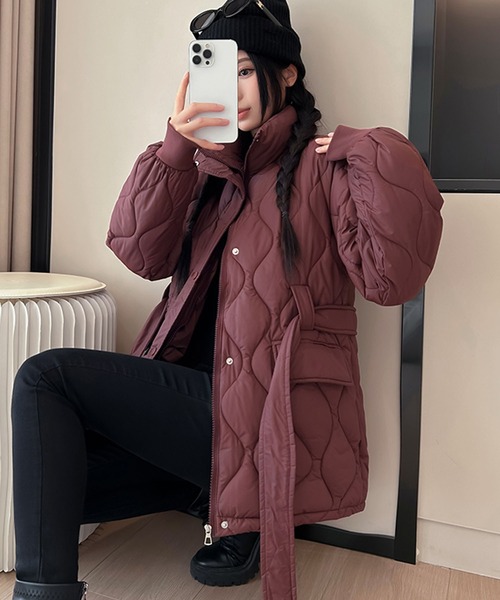 ブルゾン アウター 共布ベルト付きキルティングブルゾン レディース