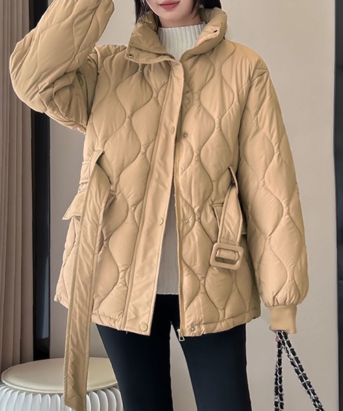 ブルゾン アウター 共布ベルト付きキルティングブルゾン レディース