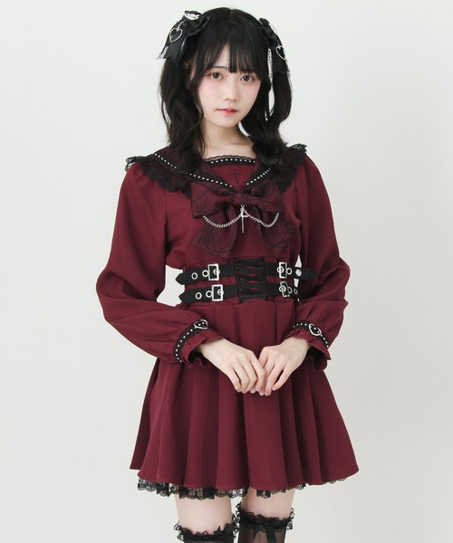 【コスプレに】逆十字ワンピース DearMyLove ワンピース 十字架クモレーススタッズベルトセーラー