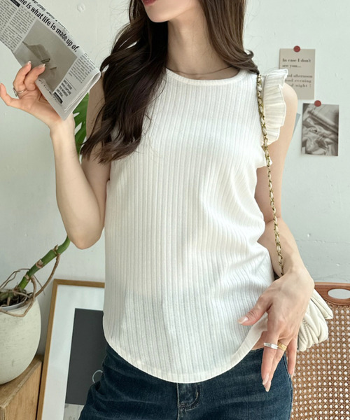 Ada. タンクトップ ノースリーブ フリル ショルダー リブ タンクトップ