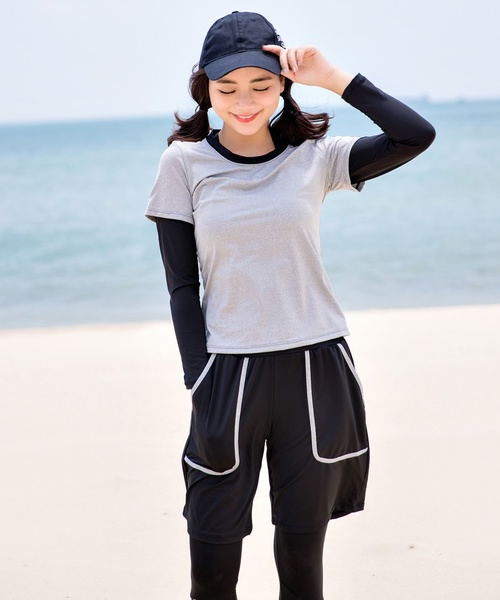 水着 ラッシュガード 長袖 バイカラー 体型カバー S/2XL TeddyShop 水着 レディース水着体型カバー フィットネス バイ