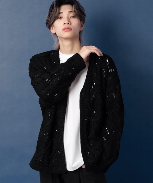 NULL カーディガン 「NULL」透かし編みニット カーディガン メンズ