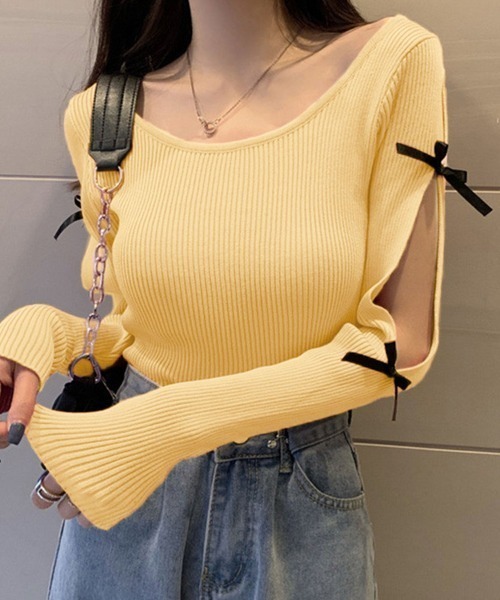 M'S GRACY ウエストリボン♡ニブニット♡カットソー♡ピンク M'S GRACYリボン付きピンクニット長袖 サイズ40 新品未使用品