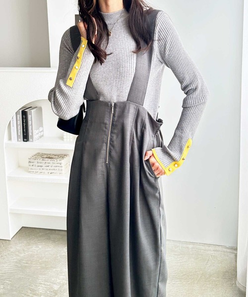 サロペット　ハイウェストワイドサロペット　ベージュ She's Closet サロペット オーバーオール フロントジップハイ