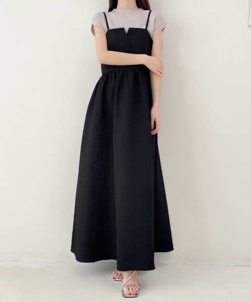 ECLIN ワンピース ふくれジャガードロング丈ボリュームフレア