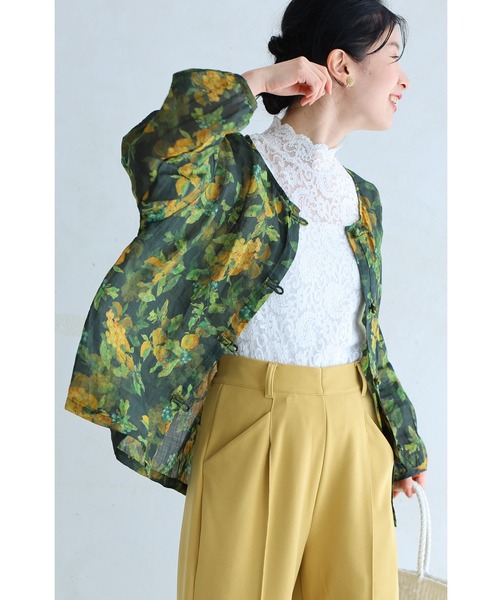 Leader Madam 花柄ブラウス グリーン ボタン 華やか 古着 レトロ VINTAGE - Leader Madam 花柄ブラウス グリーン ボタン 華やか 古着