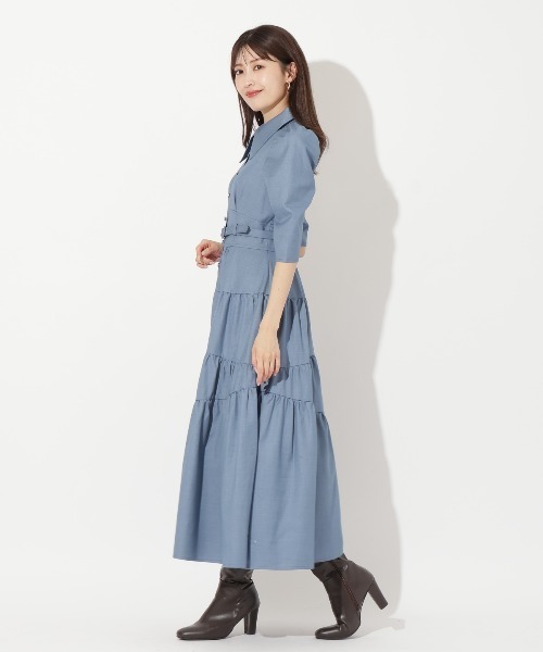 花柄 シャツ ワンピース 長袖 ティアード プリーツ 紐ベルト ♪ ティアード シャツワンピース ワンピース レディース マキシ丈