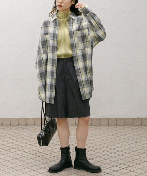 KBF ブラウス シャツ カットオフルーズチェックシャツ