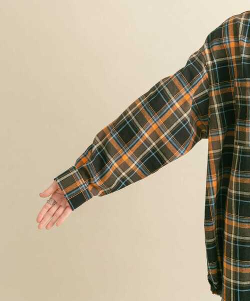 R13 カットオフチェック柄長袖シャツ KBF（ケービーエフ） ブラウス シャツ カットオフルーズチェックシャツ