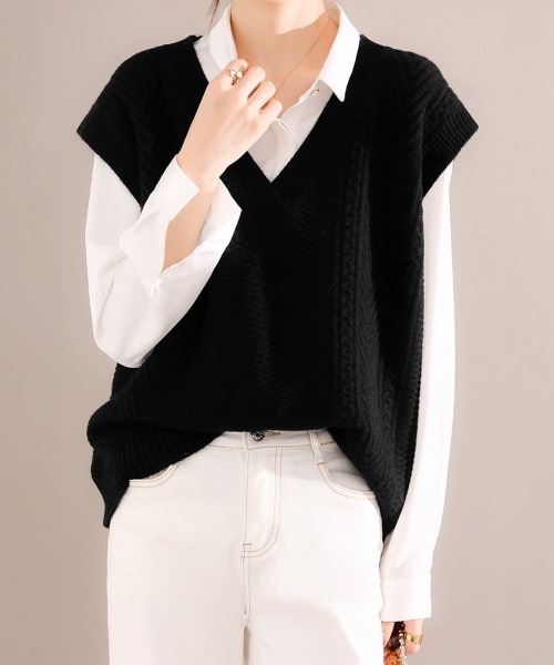 美品✨人気　ルフィル　ウールミドルゲージジレロングニットベスト　ビスチェ miniministore ベスト ジレ ケーブルニットベスト レディース