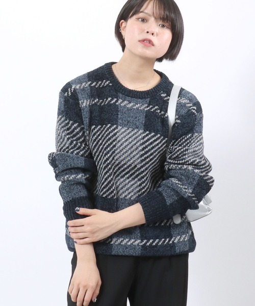 ニット セーター モールニット チェック柄セーター プルオーバー