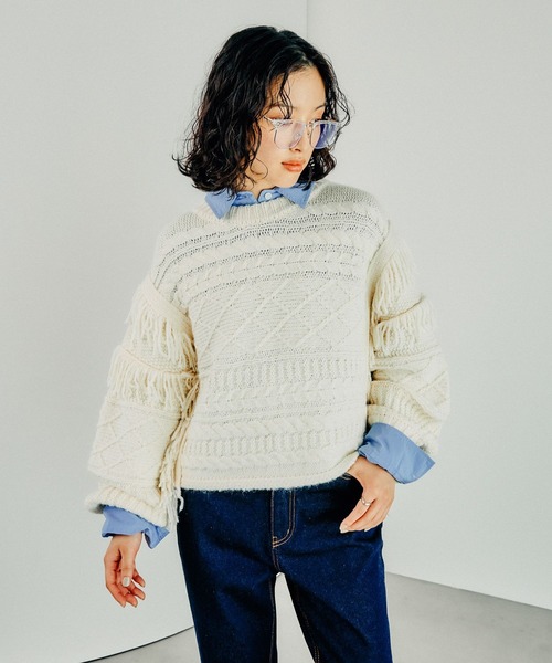 LEPSIM（レプシィム） ニット セーター 3ゲージパッチワークフリンジ