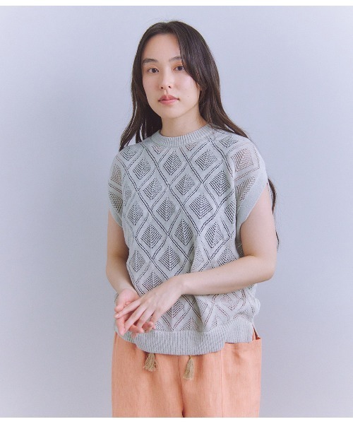 ニット セーター Linen Polyester Yarn レース編みノースリーブニット レディース