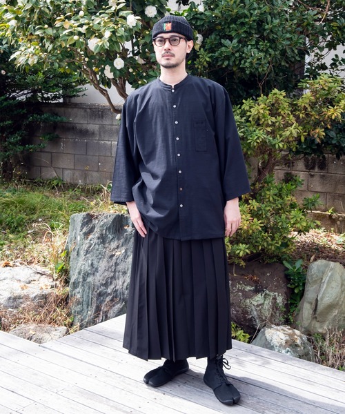 kujaku バンドカラー ブラック長袖シャツ カヤ シャツ 「カヤ」角袖バンドカラーメンズシャツ メンズ