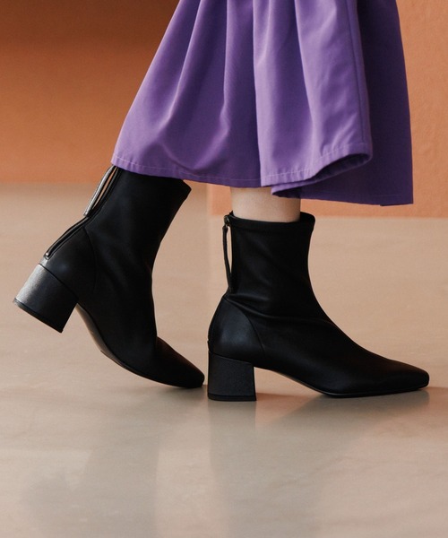 HIMIKO ブーツ 「HIMIKO」「撥水」バックジップヒールストレッチブーツ
