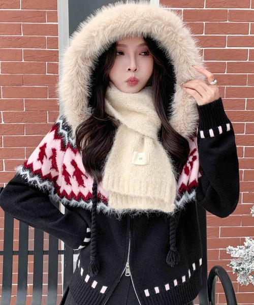 Sibra（シブラ） コート アウター ファーフード付き ノルディック柄