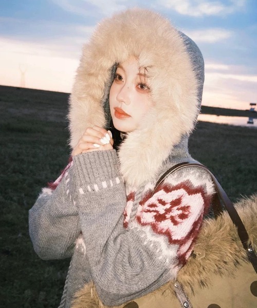 Sibra（シブラ） コート アウター ファーフード付き ノルディック柄