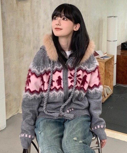 Sibra（シブラ） コート アウター ファーフード付き ノルディック柄