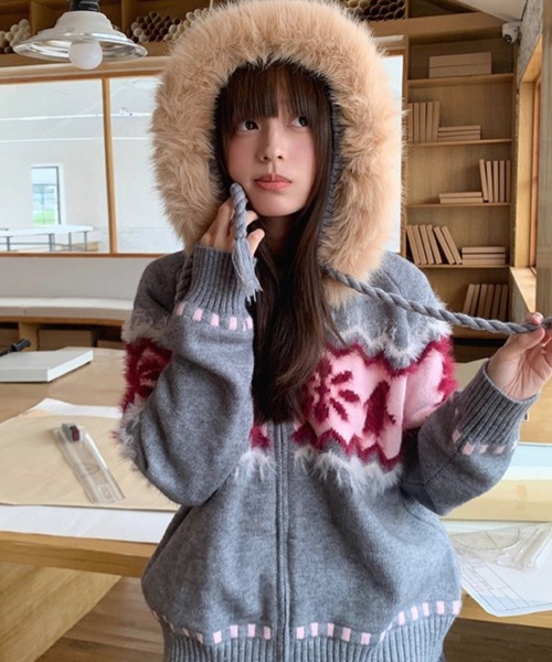 Sibra（シブラ） コート アウター ファーフード付き ノルディック柄