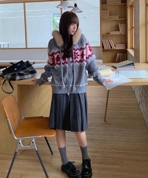 Sibra（シブラ） コート アウター ファーフード付き ノルディック柄