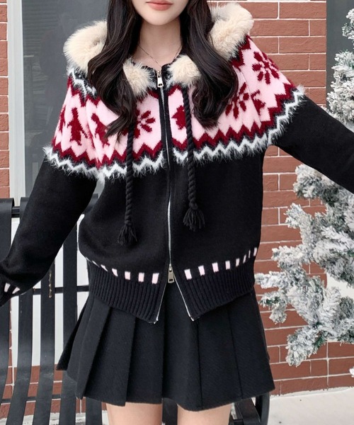 Sibra（シブラ） コート アウター ファーフード付き ノルディック柄