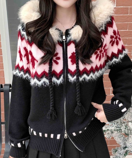 Sibra（シブラ） コート アウター ファーフード付き ノルディック柄