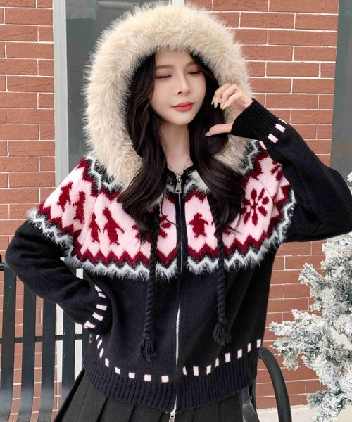 Sibra（シブラ） コート アウター ファーフード付き ノルディック柄