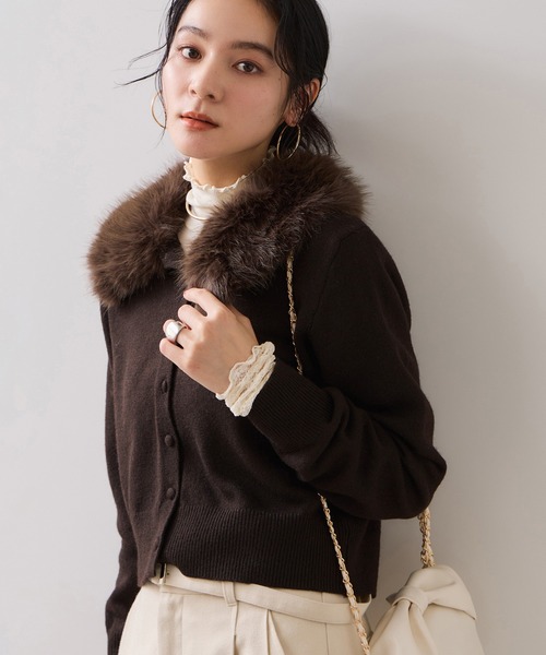 数回着用のみ 極美品♡フォックスファー襟取り外し可 ニットカーディガン 38 VIS（ビス） カーディガン 衿ファー取り外しカーディガン レディース