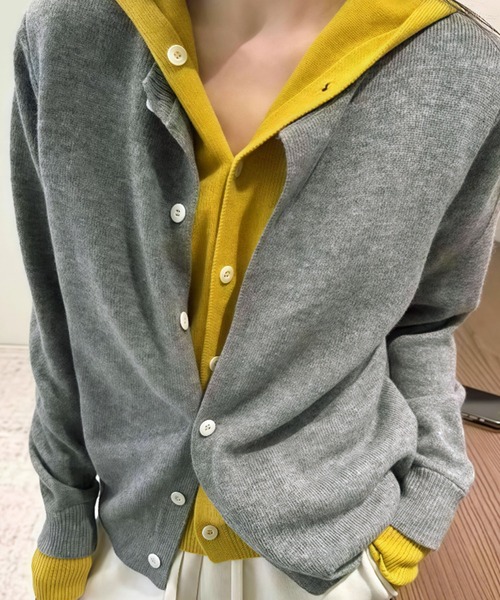 Kuroba カーディガン レイヤード風フード付き配色ニットカーディガン