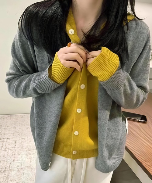 Kuroba カーディガン レイヤード風フード付き配色ニットカーディガン