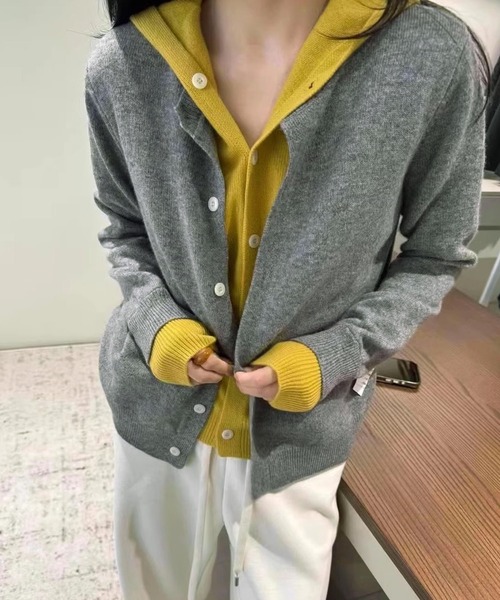 Kuroba カーディガン レイヤード風フード付き配色ニットカーディガン