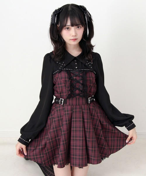 DearMyLove ワンピース 十字架スタッズジャンスカ風レースアップ