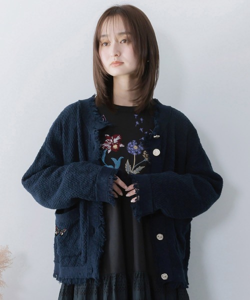 Vintage蝶の刺繍入りネイビーのニットカーディガン トップス