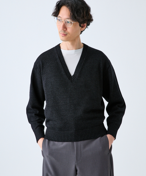 Washed Vneck Knit ウォッシュVネックニット　コットン　ブラック BTMK V-NECK SWEAT washed VS500