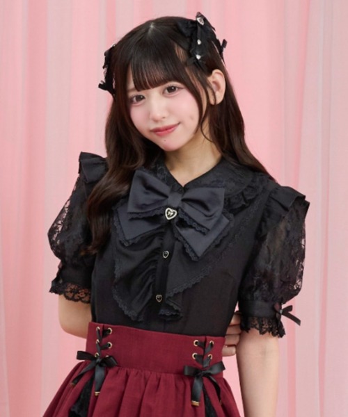 morphose 黒半袖ブラウス Secret Honey（シークレットハニー） ブラウス シャツ 半袖 ギャザー