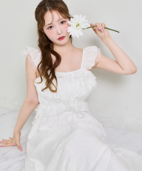 美品✨ルネ フリル装飾 春夏に◎ウォッシャブル ノースリーブ ロングワンピース one after another NICE CLAUP ワンピース 夏 エンジェルフリルロング