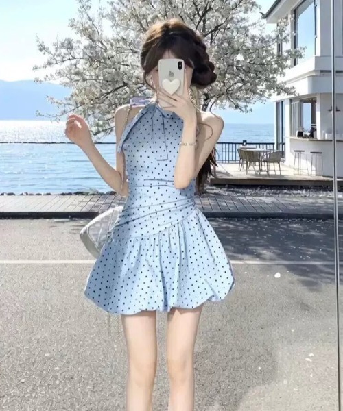 Sibra（シブラ） ワンピース 夏 ドット柄リボンネックバルーンミニ