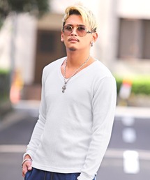3色 メンズ 長袖 フェイクツーピース Vネックワッフル トップス LUXSTYLE tシャツ ワッフルVネック長袖Tシャツ メンズ